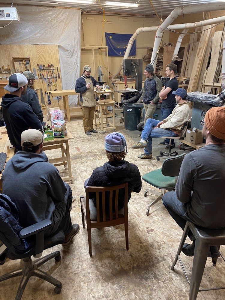 Guild members gathered for a monthly shop meeting